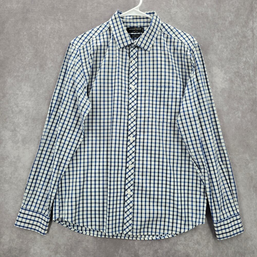 Knighthood Blue Checker Plaid Long Sleeve Button Down Slim‎ Fit Mens Shirt Small